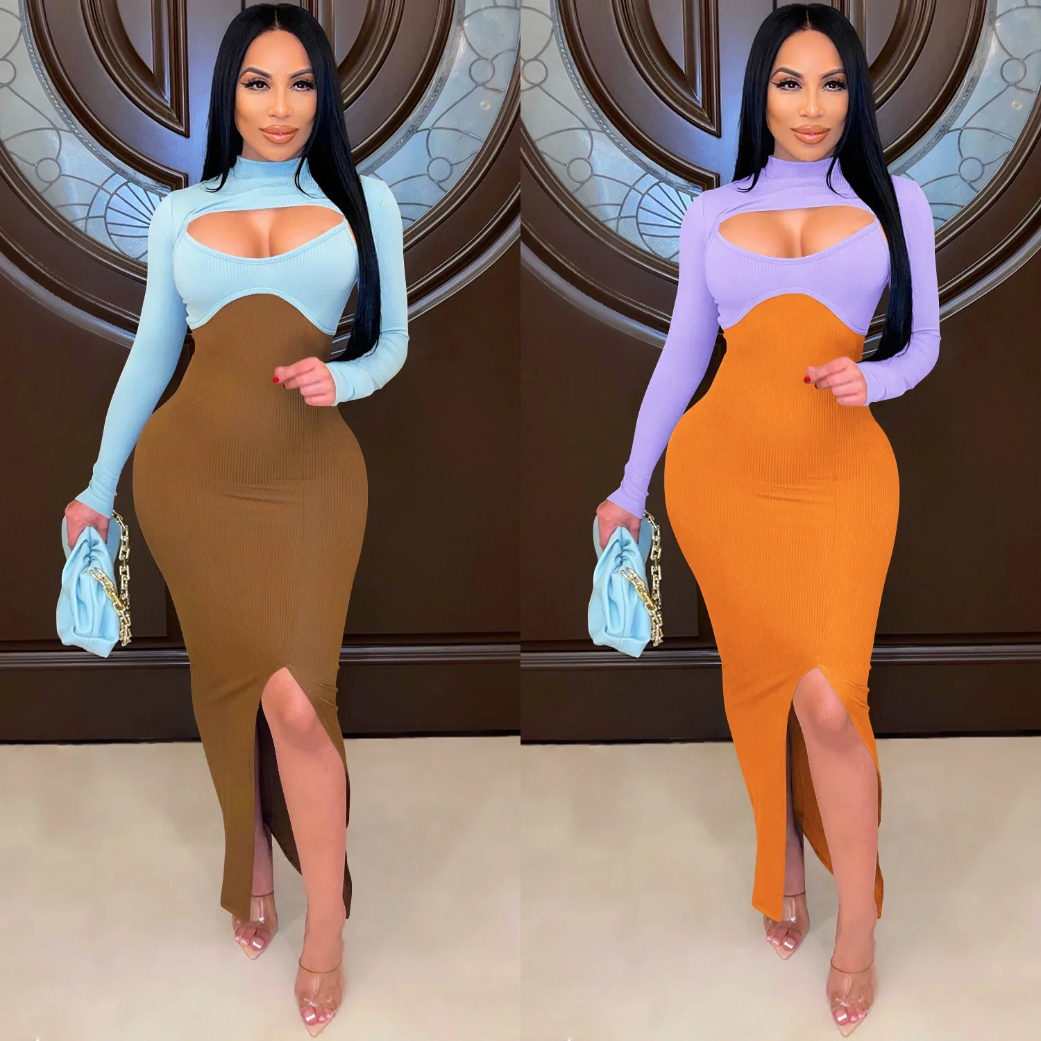 Sweater 2 Piece Skirt Set Winter Long Sleeve Crop Top Split Bodycon Maxi Dresses Outfits Women Two Piece Skirt Set