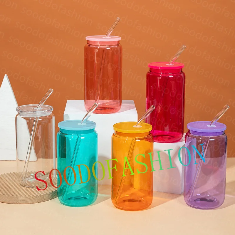 Hot sale Us warehouse 16 oz Beer straight glass can sublimation flask water bottles tumblers with plastic lid and straw