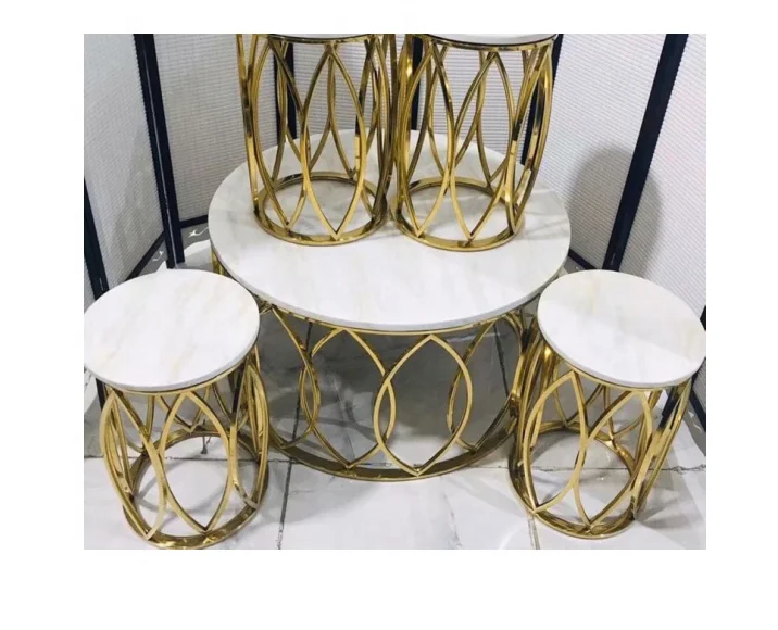 High Quality Mid-East European Style Stainless Steel Leg Tempered Glass marble  Top 1+4 round Shape Dining Table