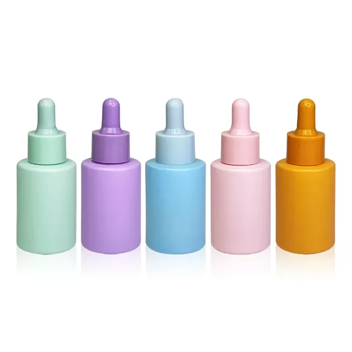 Skin Care Packaging 20ml 30ml 60ml Pink Purple Yellow Blue Green Red Flat Shoulder Essential Oil Glass Serum bottles