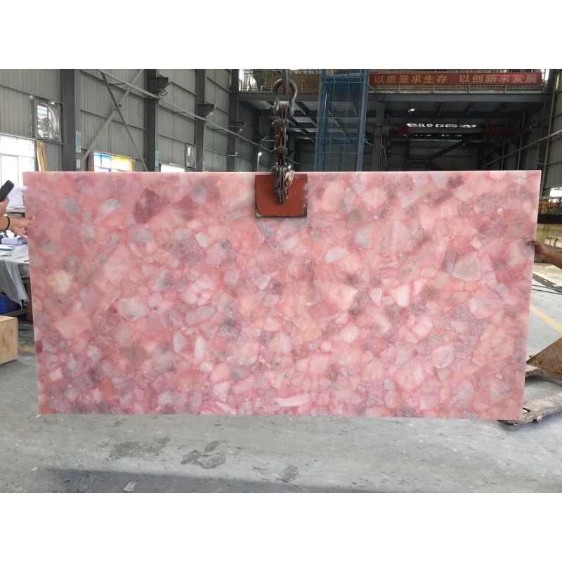 SHIHUI Natural Rose Quartz Pink Crystal Gemstone Slab Polished Backlit Wall Panels Flooring Semi-Precious Translucent Stone