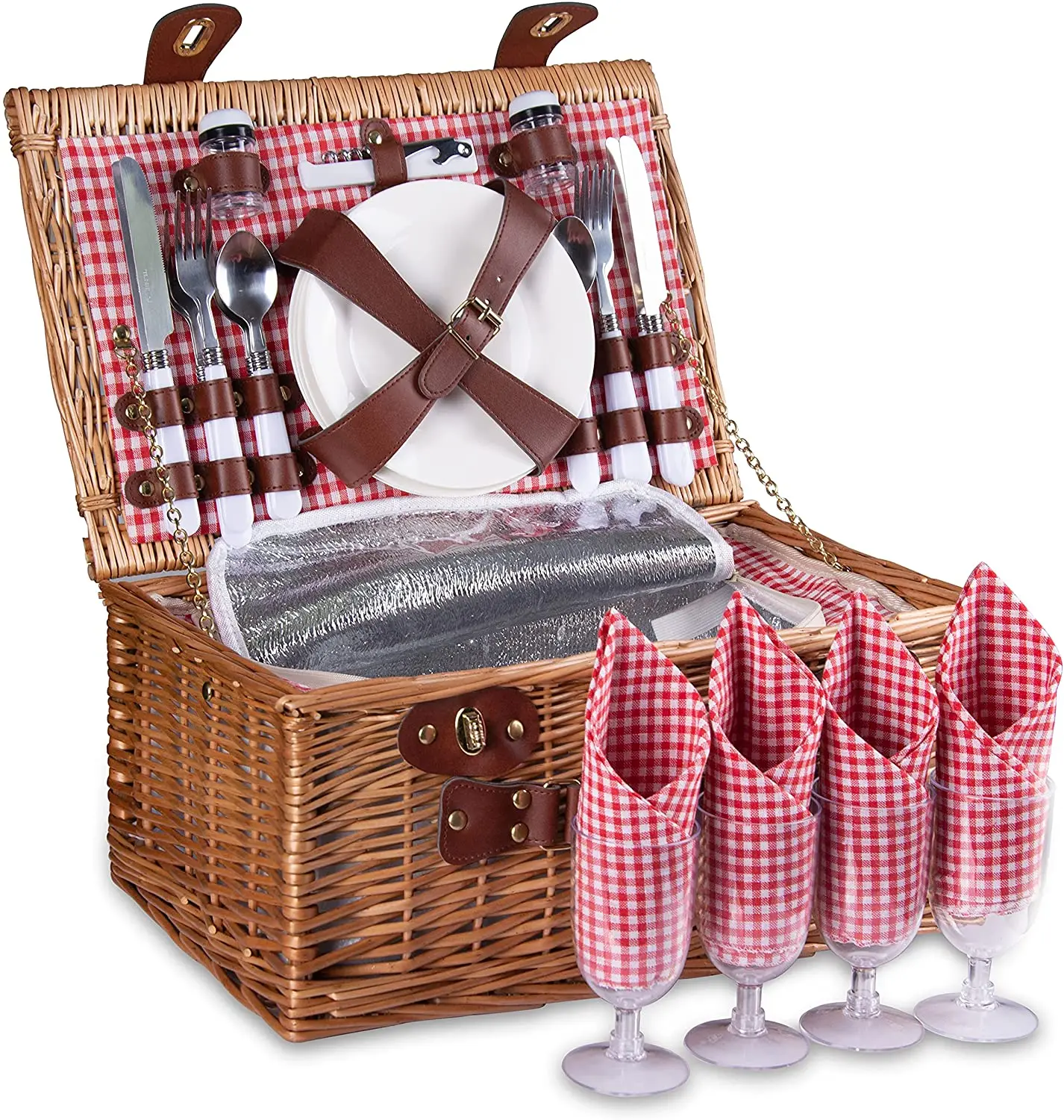 Natural Woven Woodchip Folding Handles Willow Wicker Baskets with Lid Handle Blanket Rattan 4 Person Picnic Storage Basket Set
