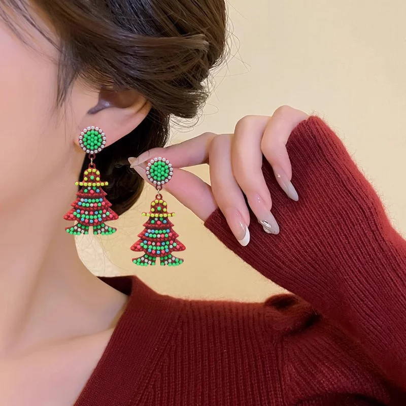 Hot Selling Christmas Jewelry Rhinestone Diamond Pearl Cartoon Christmas Tree Snowflake Bell Earrings for Women Wholesale Gifts