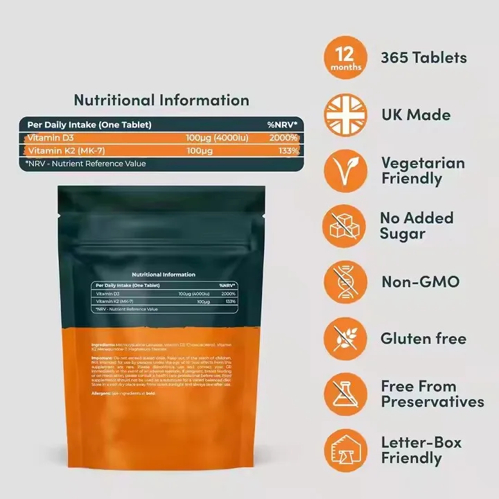 Private label High quality Vitamin D3+K2 tablets 4000 iu D3 with 100 mcg MK7 vegan tablets
