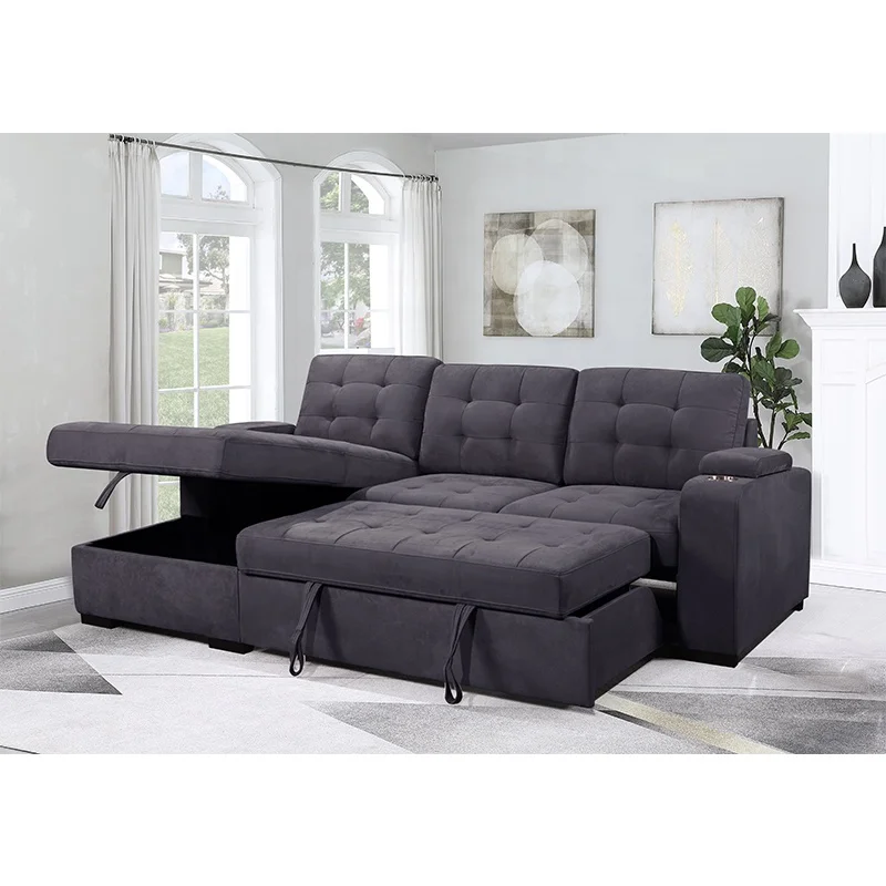 Customized Corner Sofa Set 1 Seats Chaise Living Room Steel Cups in Armrest Bed with Storage