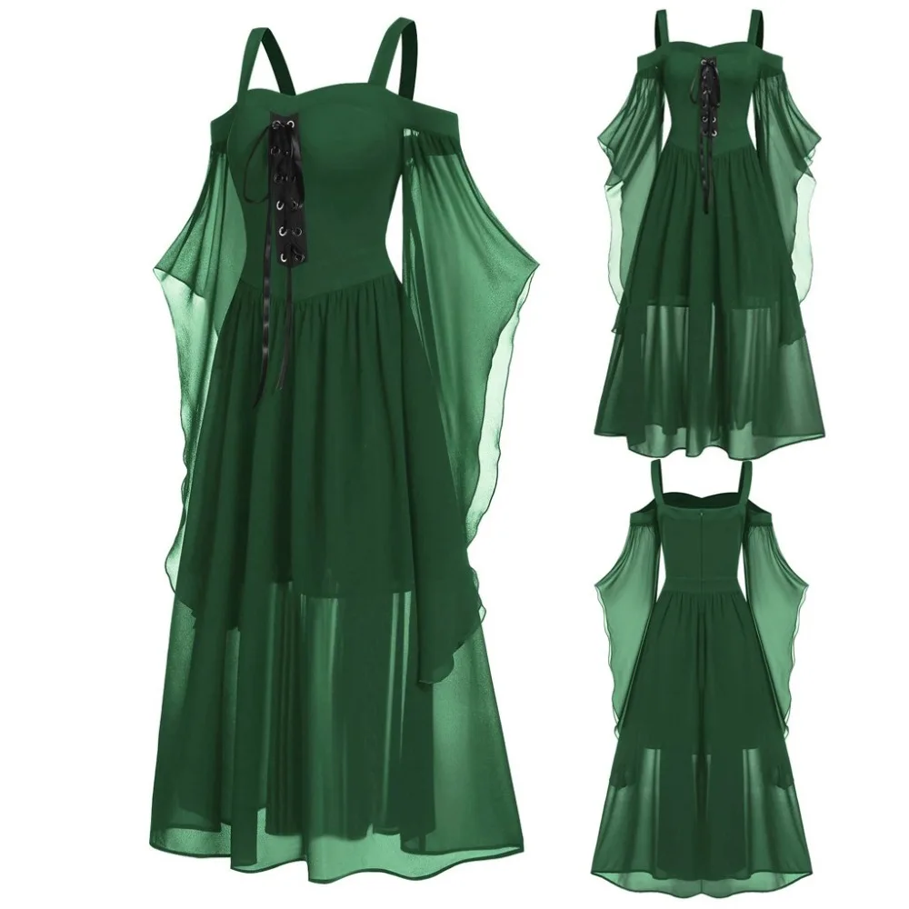 Medieval Renaissance Adult Women Gothic Retro Cosplay Costume Bandage Witch Sling Straps Big Swing Dress 5 Colors L-5XL