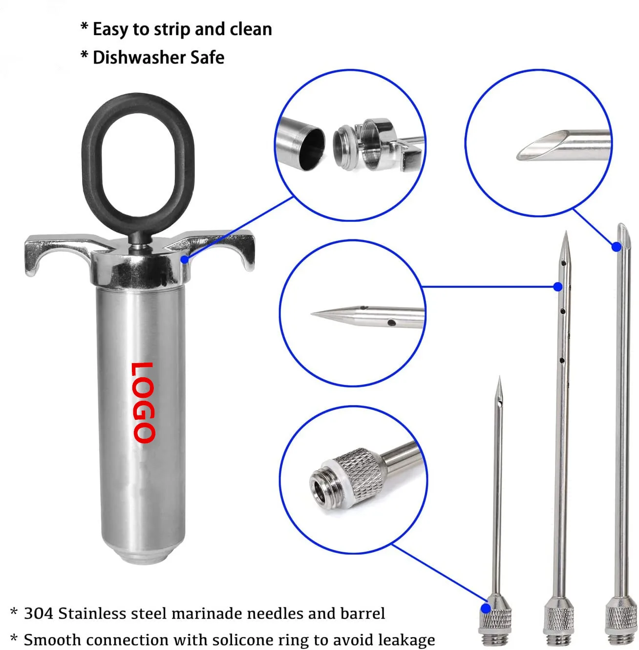 Professional Stainless Steel Meat Injector Kit with 3 Marinades Needles for BBQ Grill & Smoker Seasoning Poultry Tools