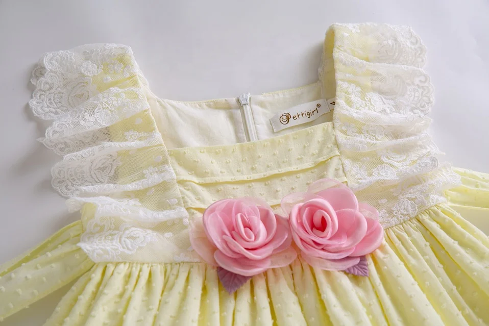 OEM 2021 Spring Newest Girls Easter Dress with Flower Sleeveless Korean Dress with Headband Lace Boutique Yellow Clothes