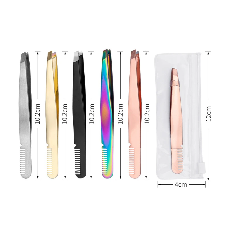 Private Label Custom Logo Ingrown Hair Slant Tweezers Brush Stainless Steel Eyebrow Clip Beauty Tool
