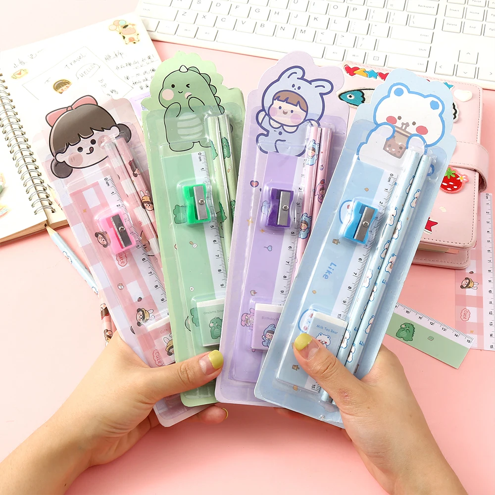 Hot Sale Lovey Stationery Pencil Students Eraser Ruler Sharpener Pencil Set School Rewards Custom