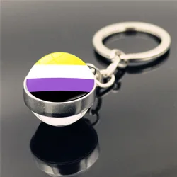 Silver Color Glass Cabochon Rainbow Pattern Double Side Glass Ball Car Keychain Ring Gay Pride Keychain