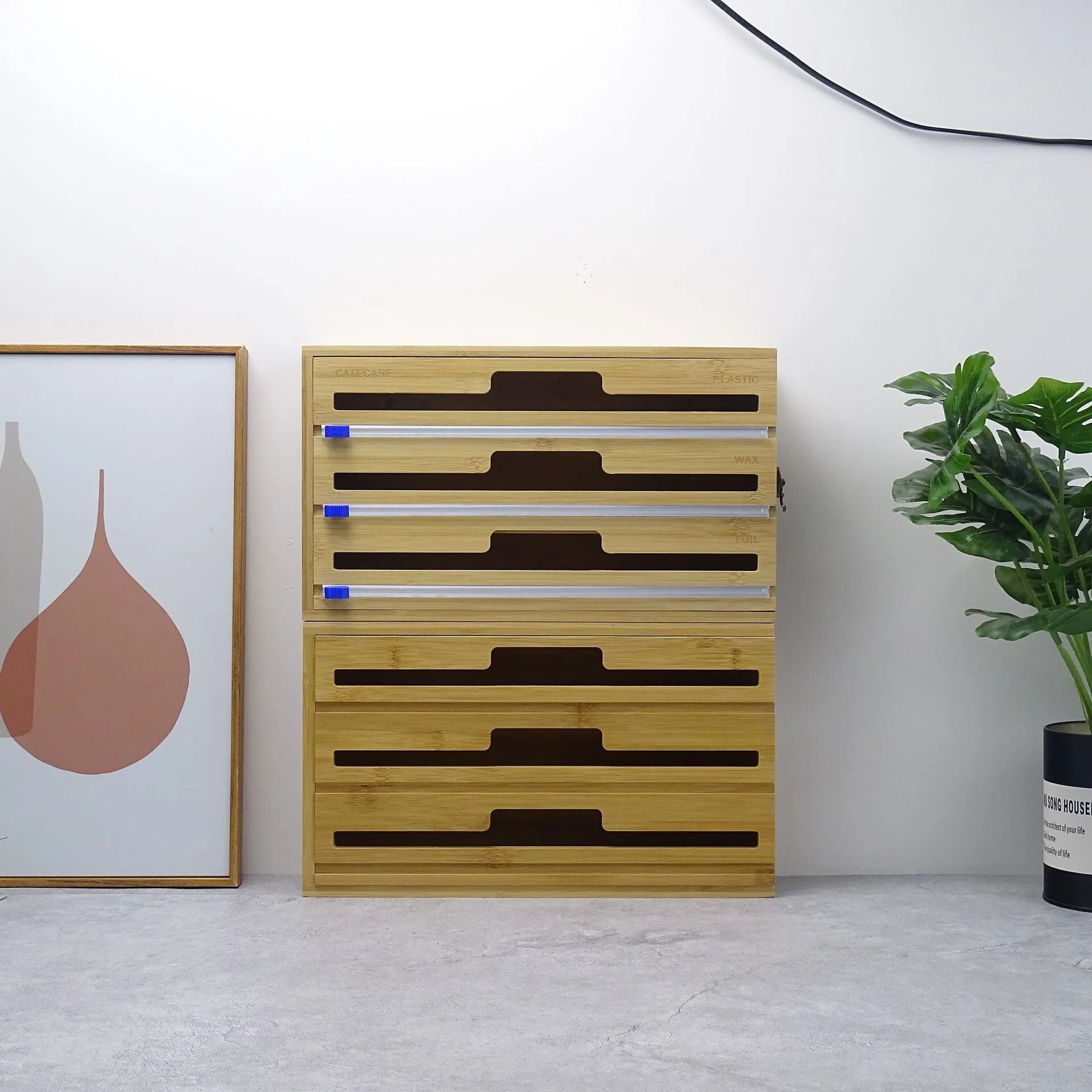 Aluminum Foil and Wax Bamboo Dispenser for Kitchen Storage Organization Holder Roll Natural Wrap Organizer with Cutter