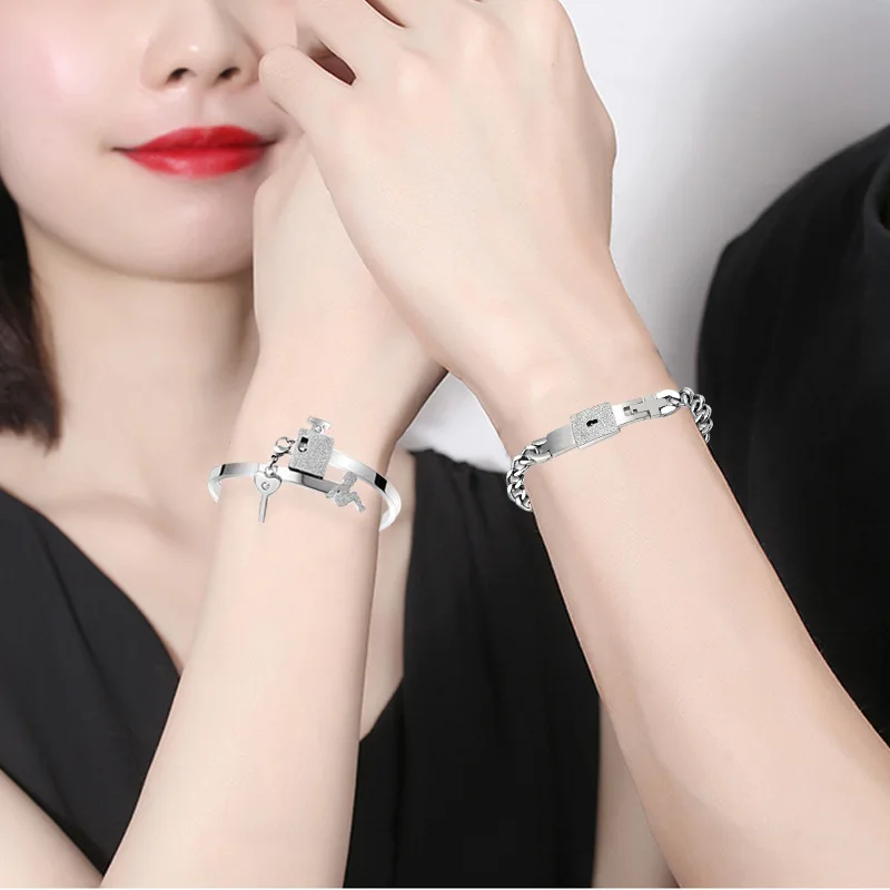Stainless Steel Jewelry Couple Lover Heart Lock And Key Bracelet Necklace