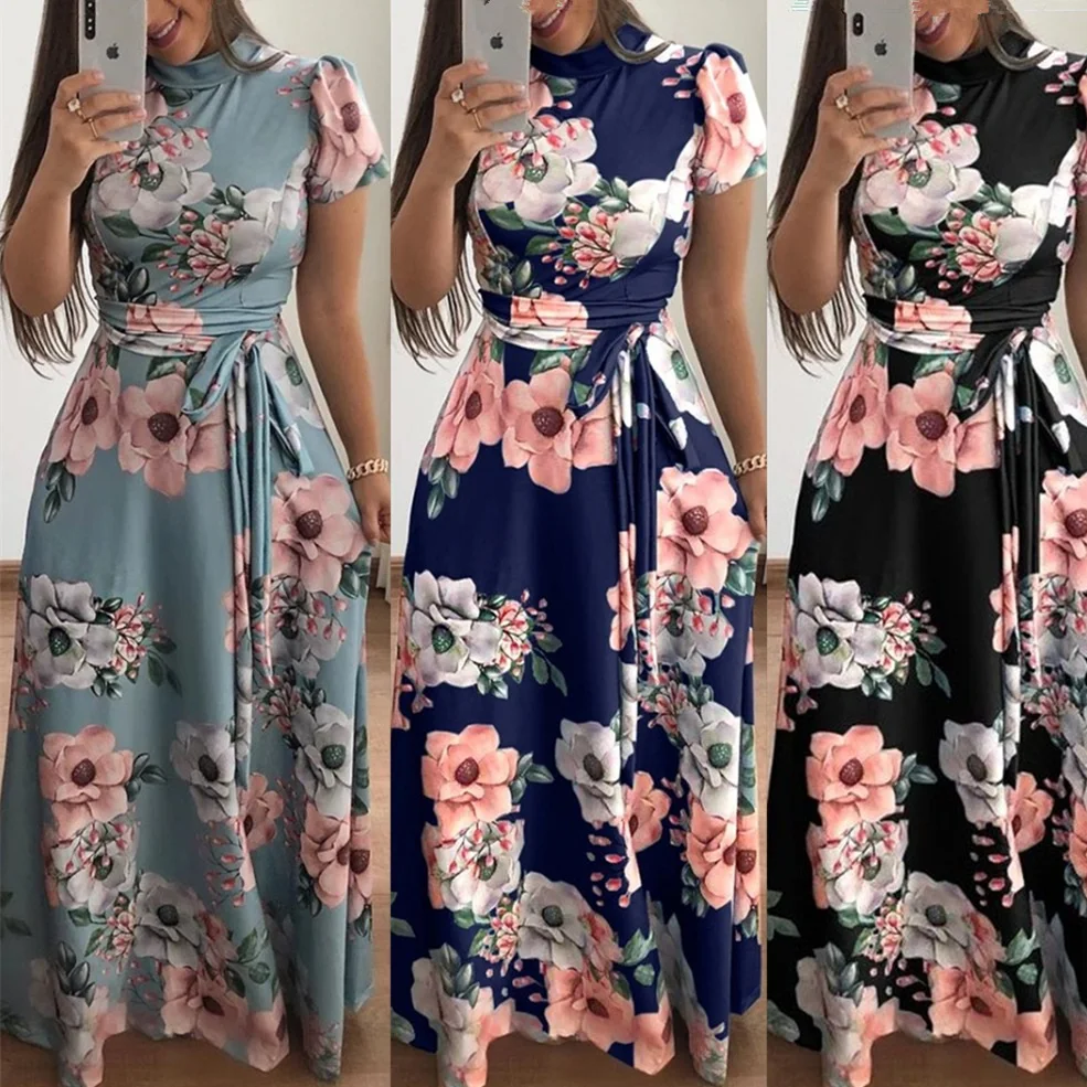 Summer Ladies Casual Long Dress Bohemian Print Turtleneck Sweater