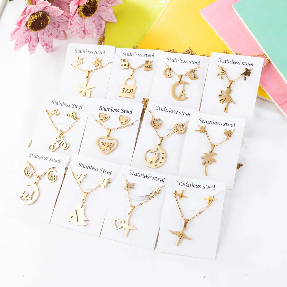  New Gold Plated Butterfly Heart Necklace Earrings for Women Girl Various Styles Stainless Steel ecg windmill Jewelry Set