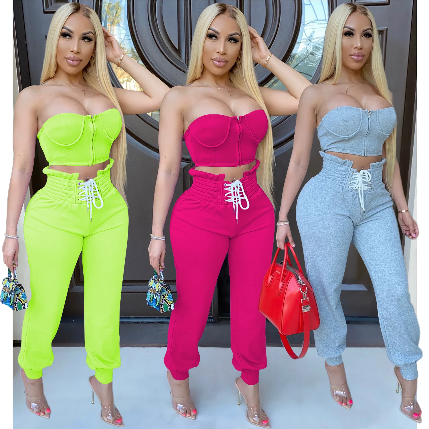 
Bunny BN-3541 Wholesale Solid Color Pants Plus Size Casual Sport Outfit Two 2 Piece Set Women Woman Clothing 