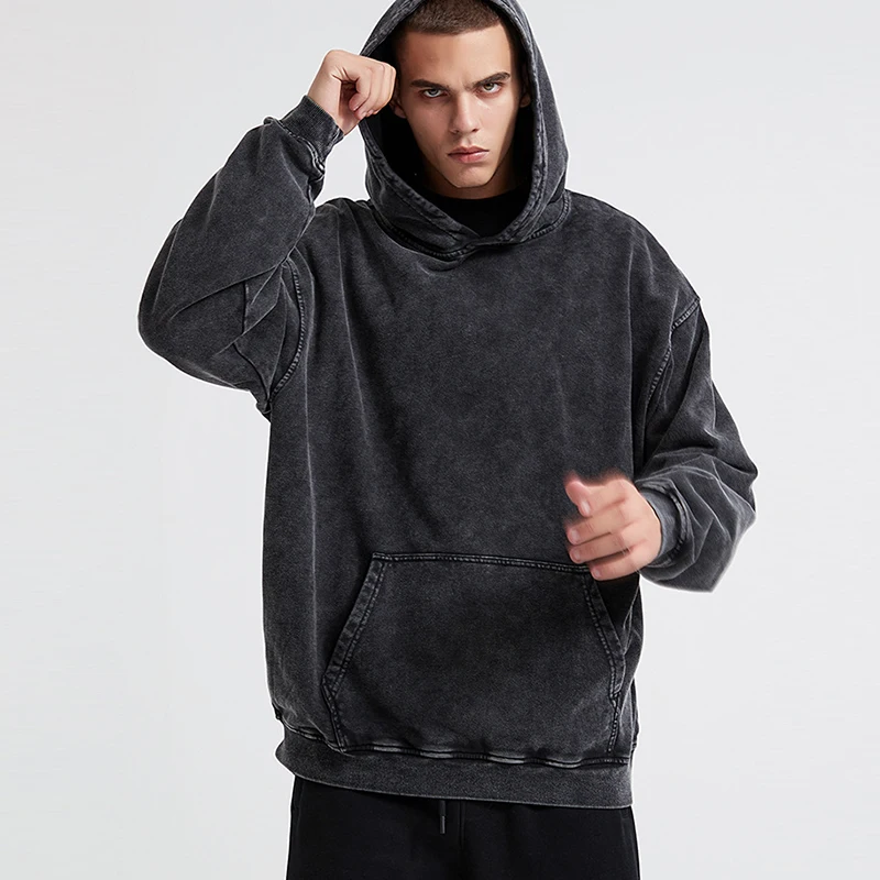 streetwear 100% cotton pullover heavyweight black vintage wash oversized hoodie men blanks
