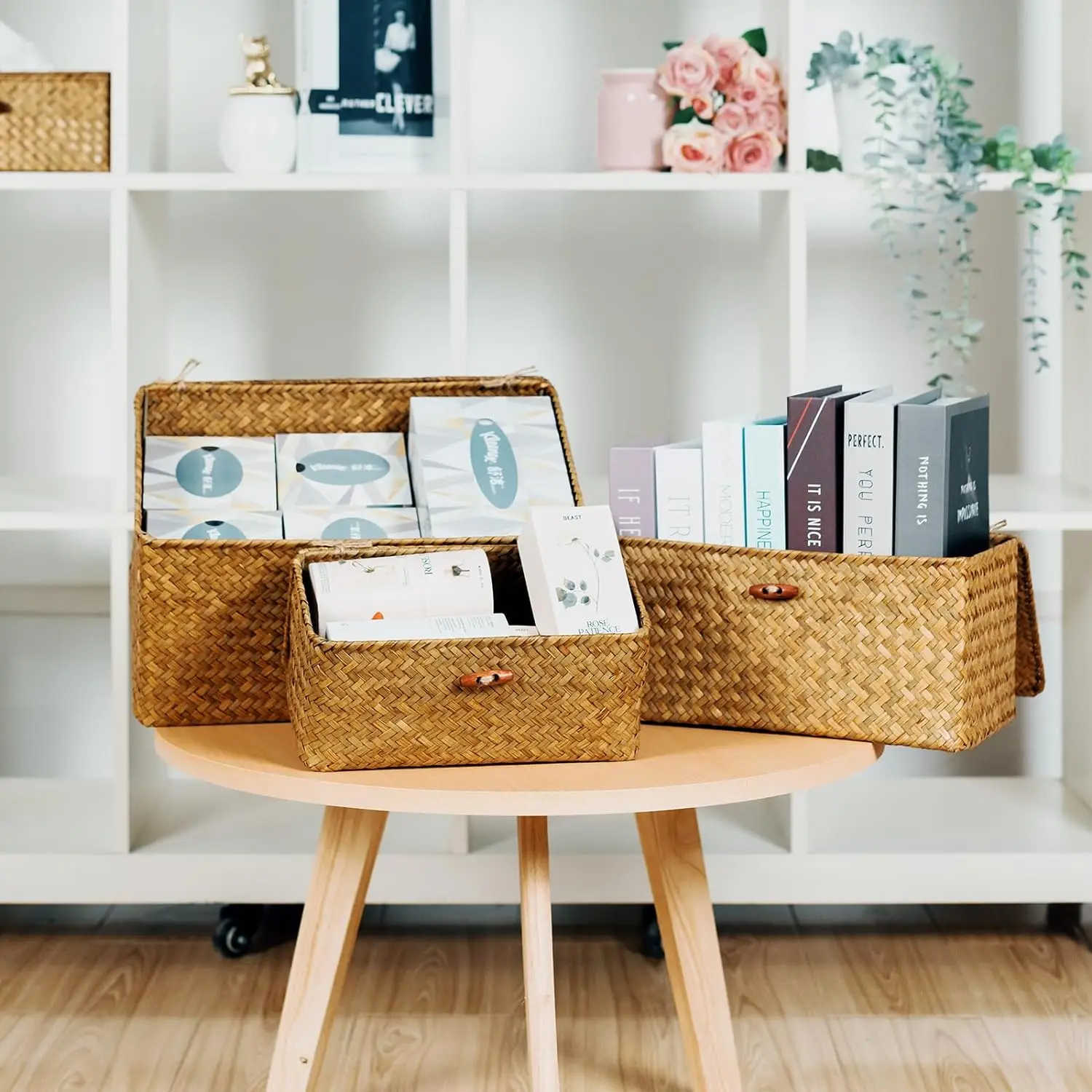 Water Hyacinth Wicker for Pantry Organizing,Handwoven Wicker Baskets for Shelves Storage Seagrass Basket With Lid
