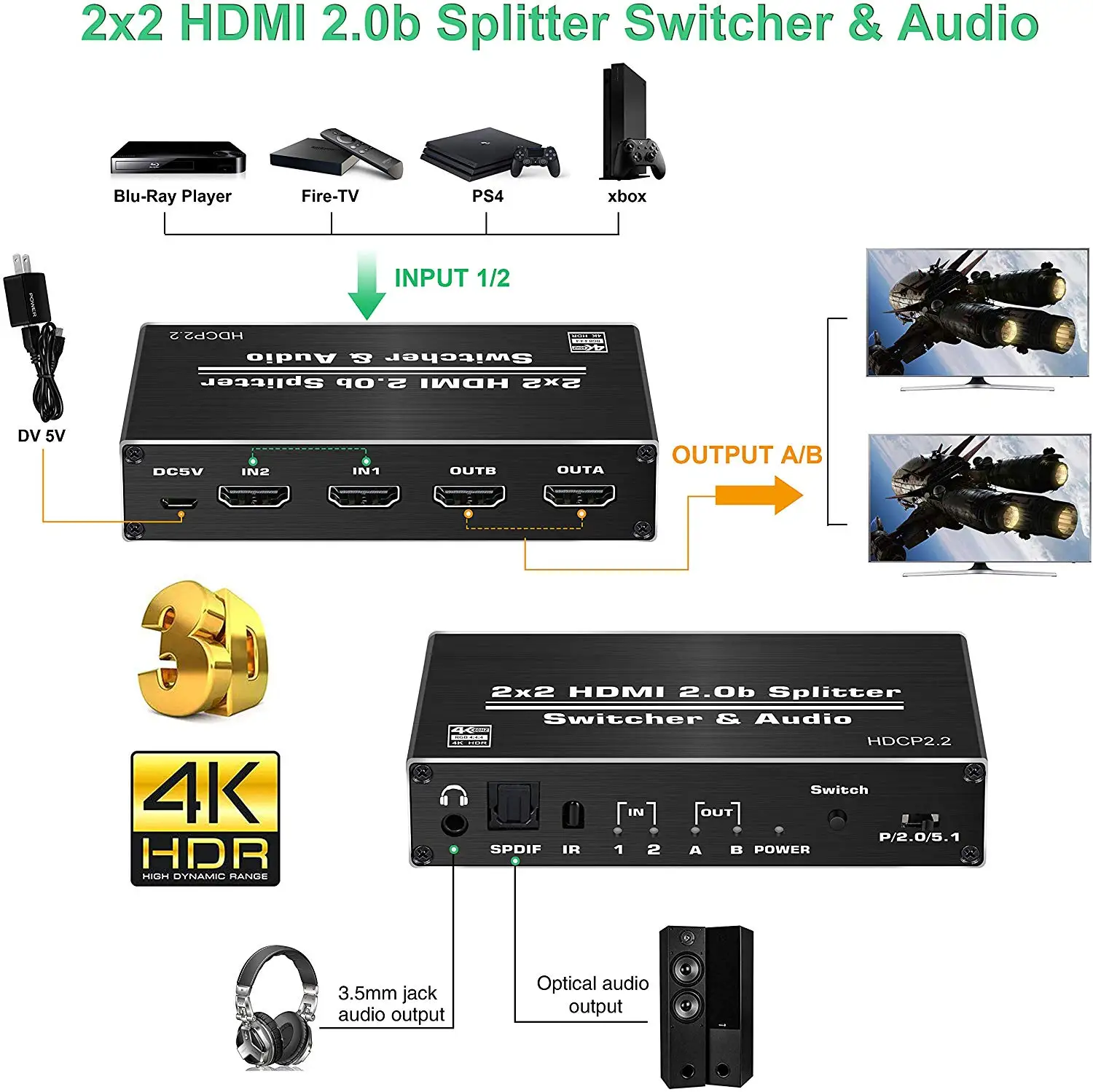 4K HDMI Switch Splitter 4K 60Hz  HDMI 2.0b 2 in 2 Out with Scalar Optical Toslink SPDIF 3.5mm Audio Extractor