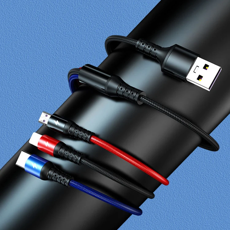 Нейлоновый тканевый Плетеный цветной 5А Мути 3 в 1 быстрый зарядный usb-кабель