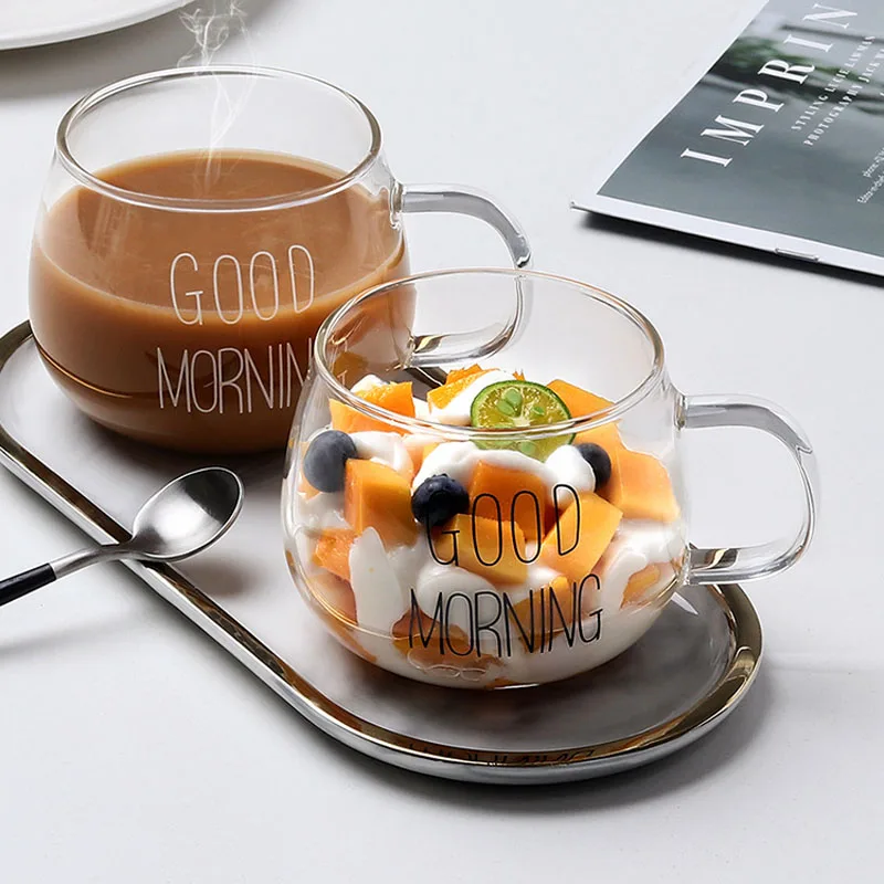 Good Morning Transparent Glass Cup Heat-resistant Coffee Milk Juice Tea Breakfast Mug Handle Couple Tasse