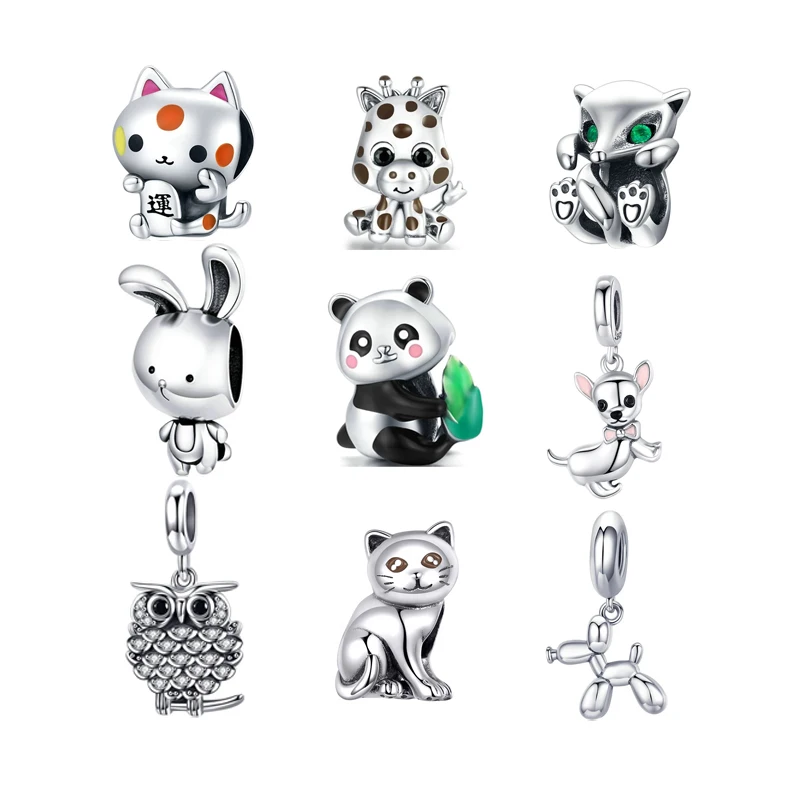Qings  Chihuahua Animal Charm Beads, 925 Sterling Silver Shiny CZ Dog Enamel Pendant,  Bracelet Necklace for  Girls
