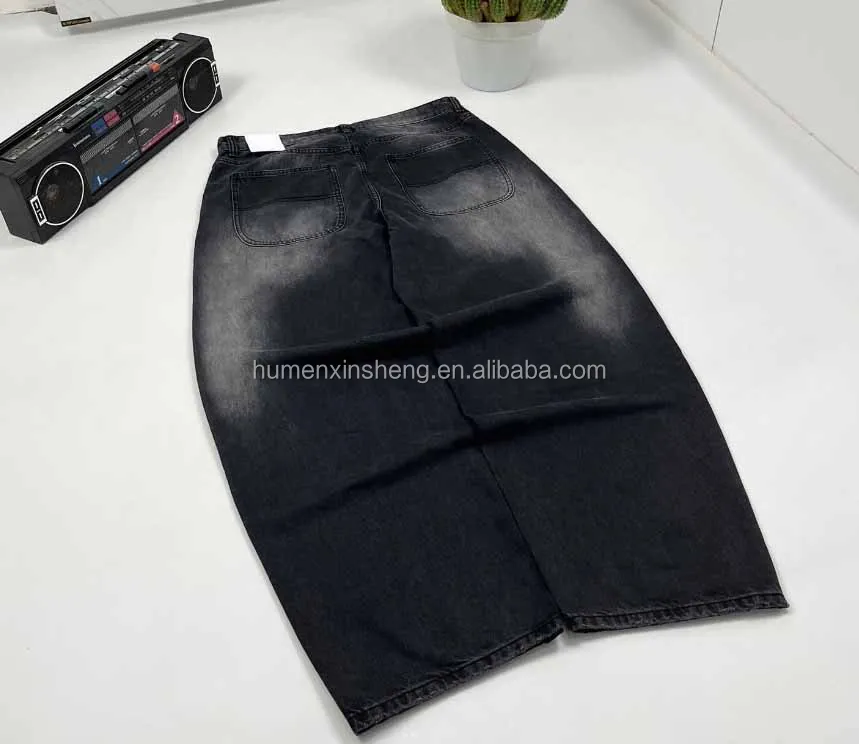 2024 streetwear custom mens loose black blank trousers oversize wide leg baggy denim pants jeans for men