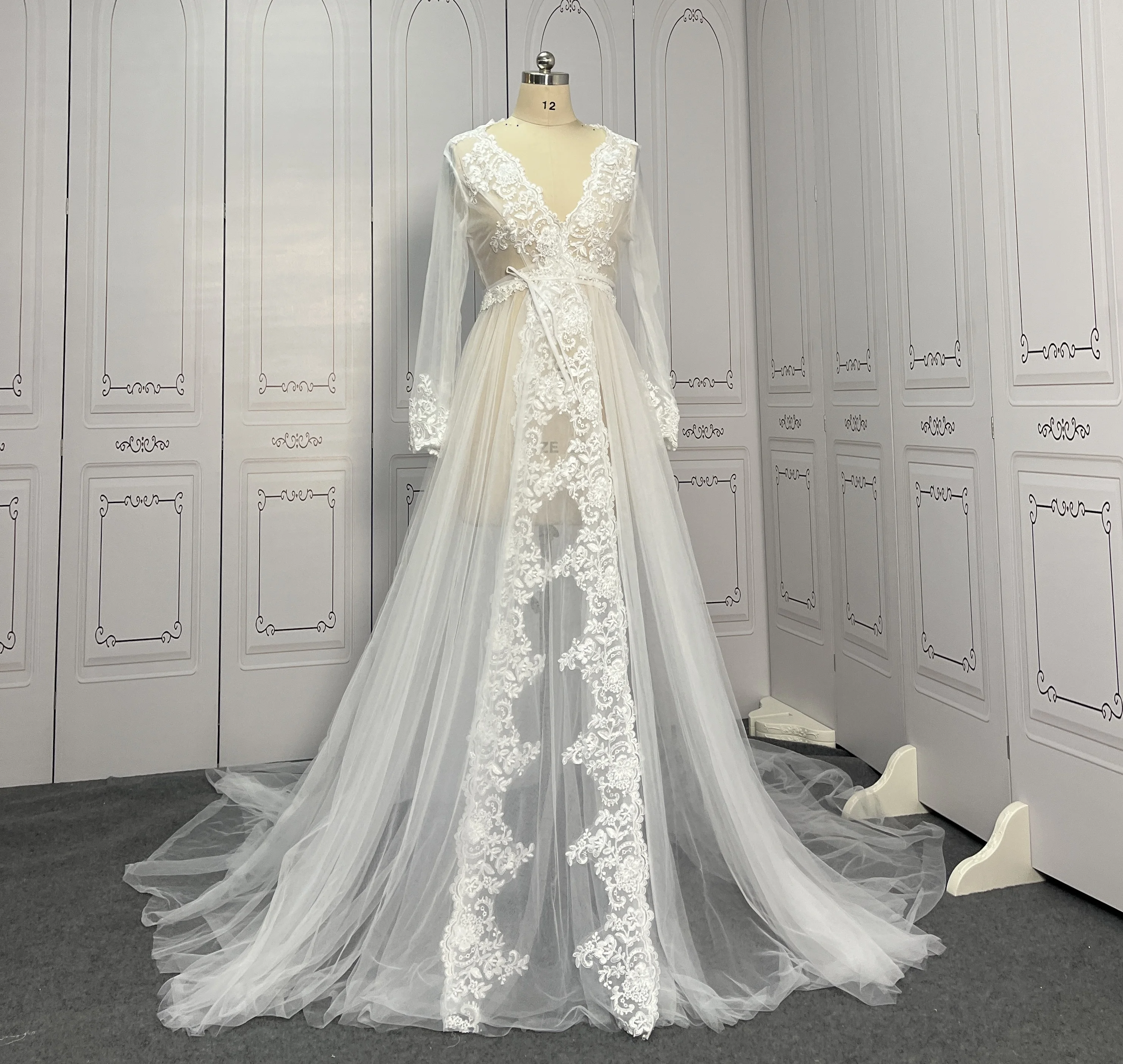 Elegant Bridal Robe Long Sleeve Lace Night Gowns Sexy Robe For Women Wedding Morning Robes