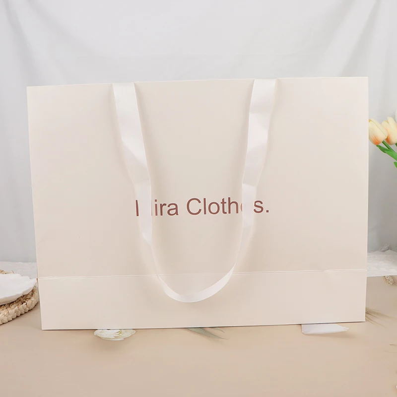 wholesale customize printed logo pink paper packaging bag with ribbon luxury paper bags