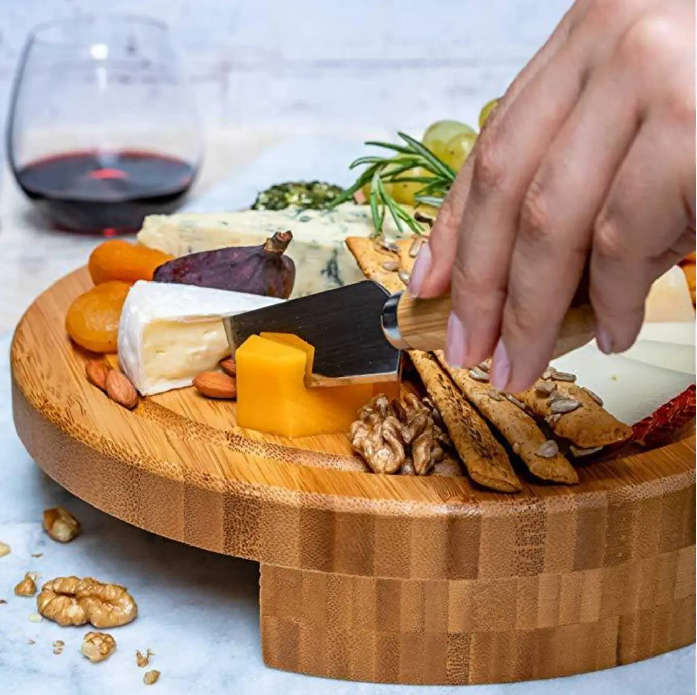 Wholesale Bamboo cheese board and knife set with cutlery set round charcuterie boards
