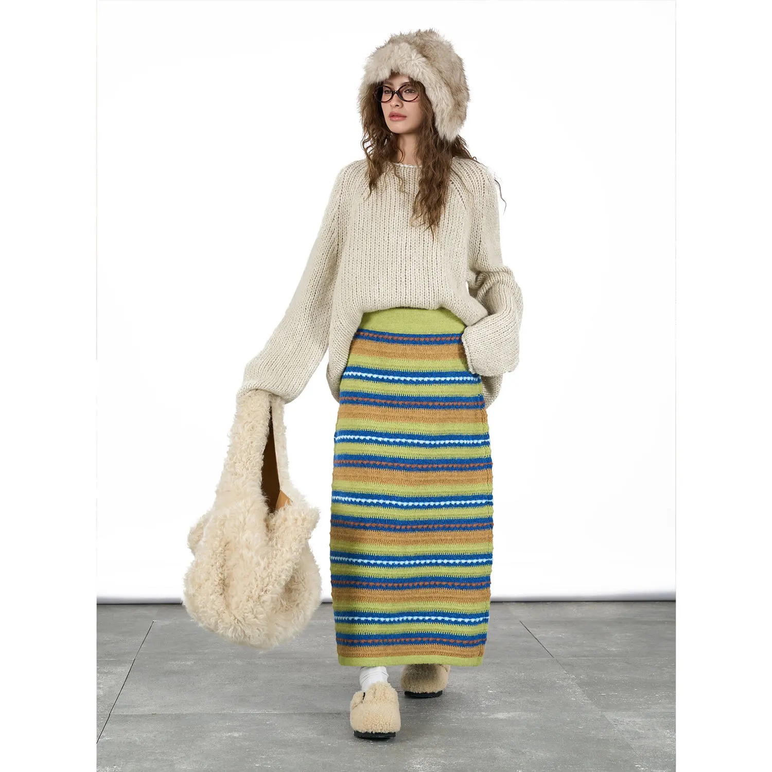 Autumn Winter Vintage A-Line Long Woolen Skirt Comfortable Warm  Retro Style Contrasting Stripes Empire Waistline knitted skirt