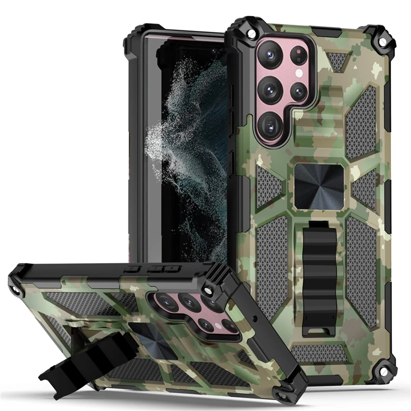 Camouflage Camo Case for Samsung Galaxy S22 ultra plus S21 Kickstand Magnetic Car Mount Shockproof Mobile Back Cover for S10