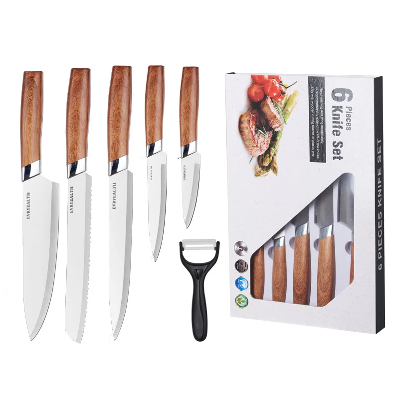 New Arrival Factory In Stock 6 Pcs Wood Grain Handle Kitchen Knife Set Knife Set Wooden Handle Knives With Gift Box