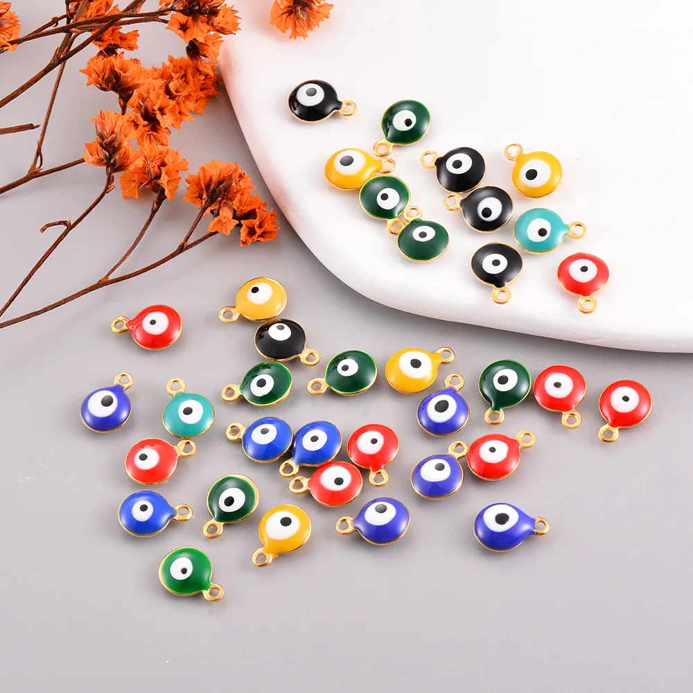 Wholesale Stainless Steel Round Evil Eye Enamel Pendant Charms 6mm 8mm DIY Accessories Multi Colors for Bracelet Necklace Making