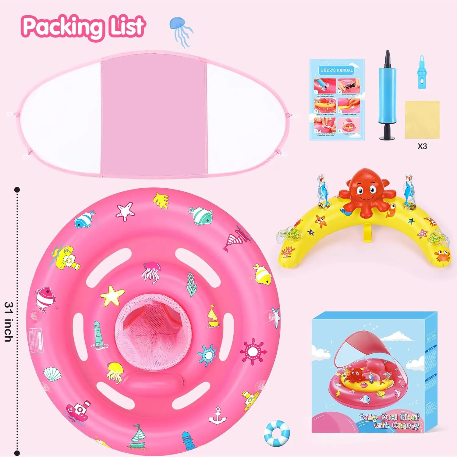 2024Inflatable Baby Swim Pool Float with Canopy  Sun Protection Toy Play Console Adjustable Safety Seat for Kids Toddler Infant