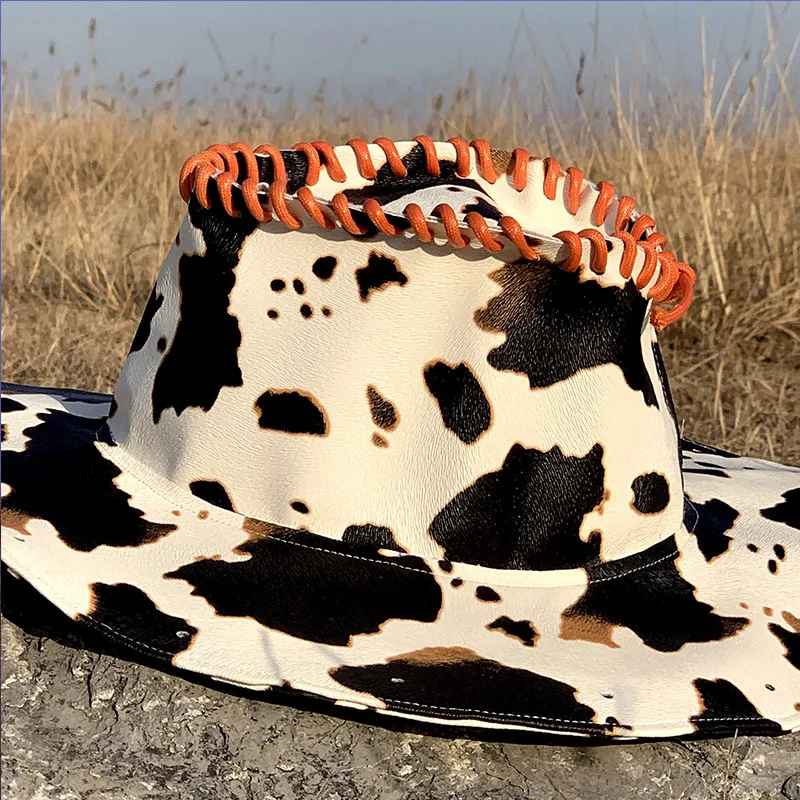  hot Wide Brim Faux Leather PU Black White cow pattern Travel Cap western buy Cowboy Hat for Women Spice Girl