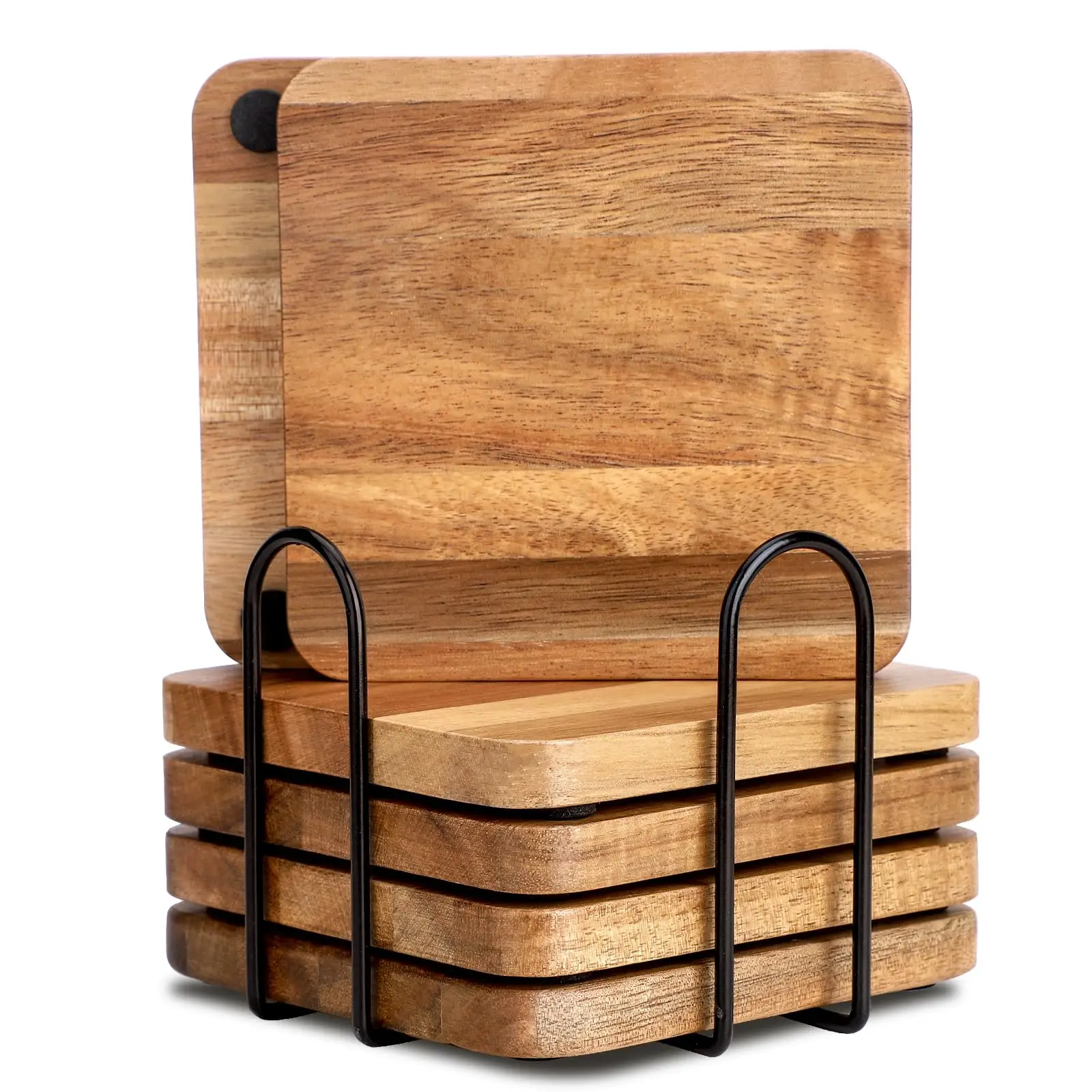 Acacia Wood Cup Drink Coasters with Holder Set of 6 Heat-resistant Non-slip Tabletop Protection Custom Square Serving Tray