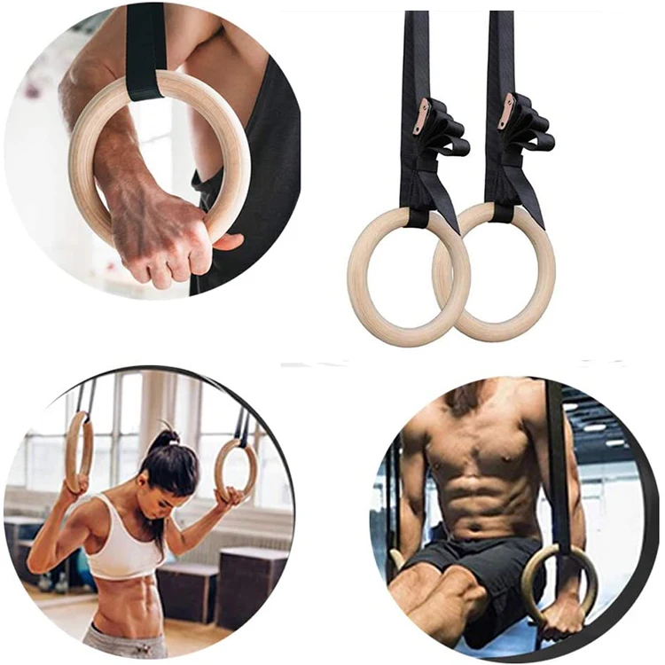 Gym And Home Fitness Exercise Gymnastics Rings Wooden Rings Pull Ups Muscle Training Ring With Buckle Straps