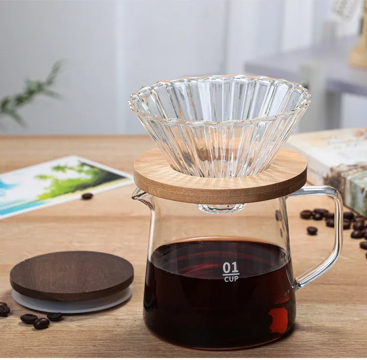 Hot sale 300ml 500ml Microwave Safe & Heat Resistant Glass Coffee Server For Pour Over Coffee pot With Acacia Wood Lid