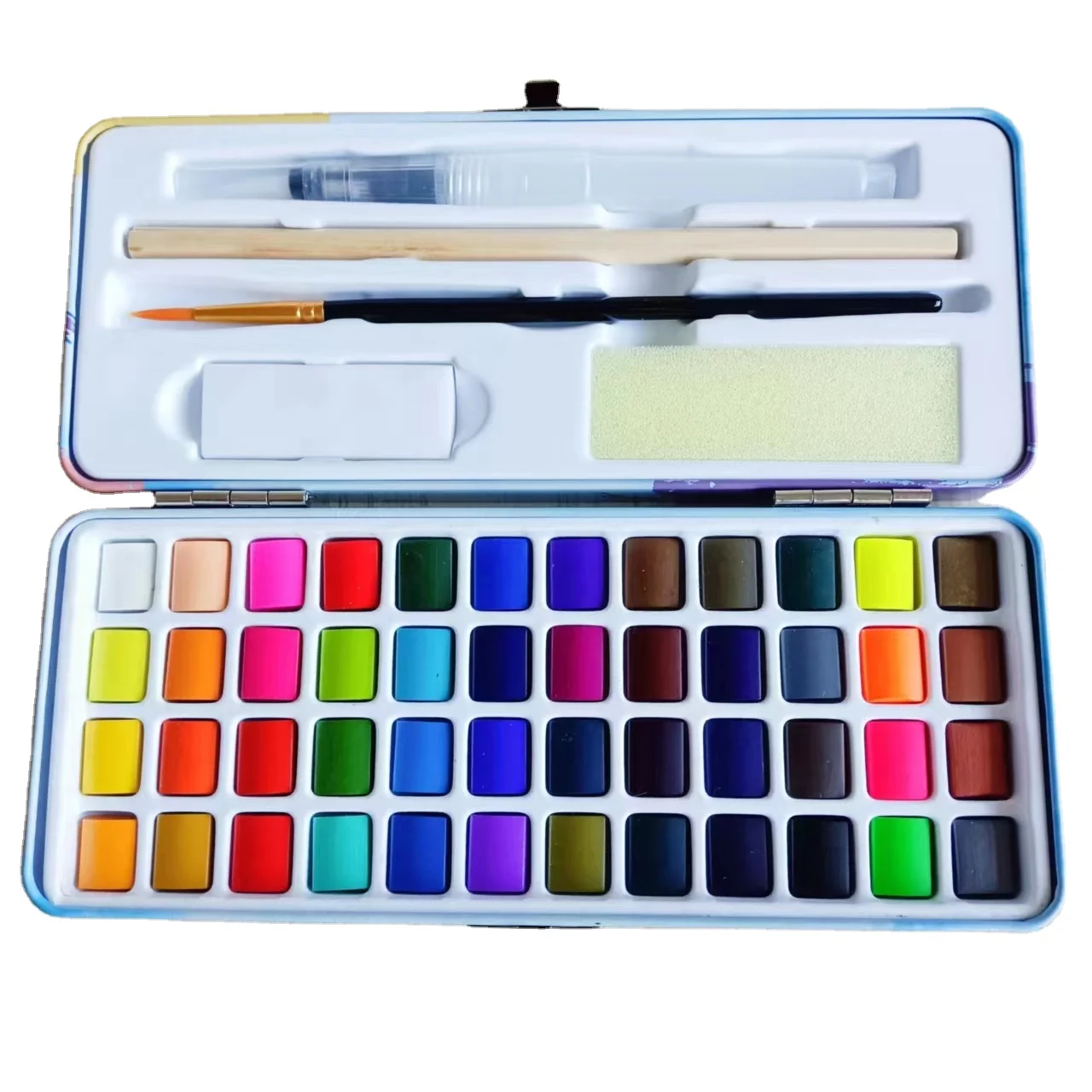 Hot sales 48 Vivid WaterColor Paint In tinny  Box Including Metallic And Fluorescent Colors made in china