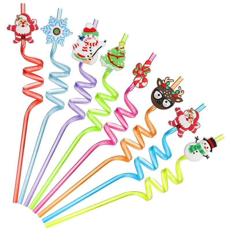Christmas Drinking Straws Reusable Xmas Theme Plastic Swirly Beverages Straws with Cartoon Decorations Christmas Gifts