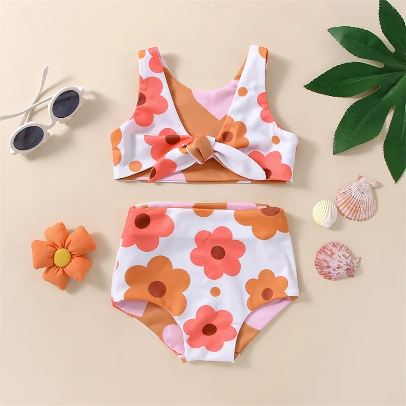 2023 Summer Toddler Kid Swimsuit Two Pieces Top Briefs Bikini Sets Heart Floral Printed Reversible Baby Girl Swimwear Beachwear