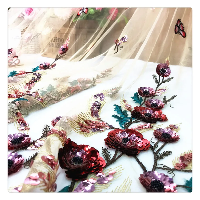 3D flower tulle lace fabric heavy beaded hand work embroidery design fabric