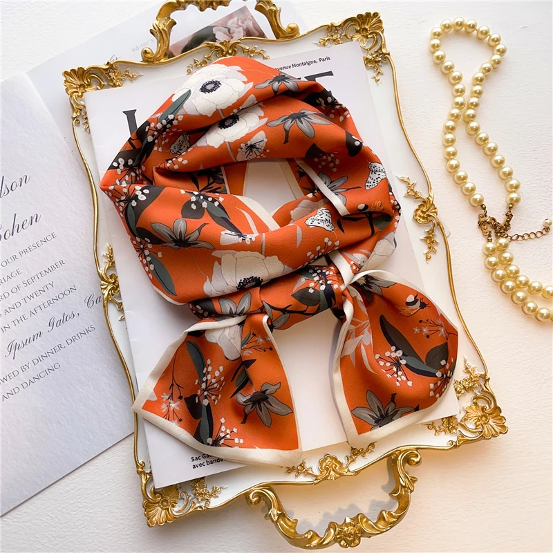 Spring Summer Satin Long Hair Tie Bag Wrist Scarf For Women Hair Accessory New Print Bag Ribbons Head Scarf Neckerchief