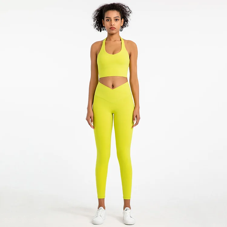 Новинка спортивные костюмы оверсайз с перекрестной талией для женщин однотонная одежда для тренировок йоги сексуальные бюстгальтеры с лямкой на шее леггинсы комплект из двух предметов