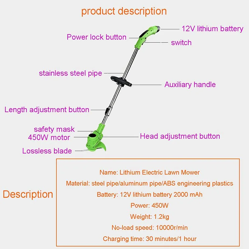 
Electric Lawn Mower Agricultural Household Cordless Weeder 12V Lithium Battery Portable Garden Pruning Tool Grass Trimmer 