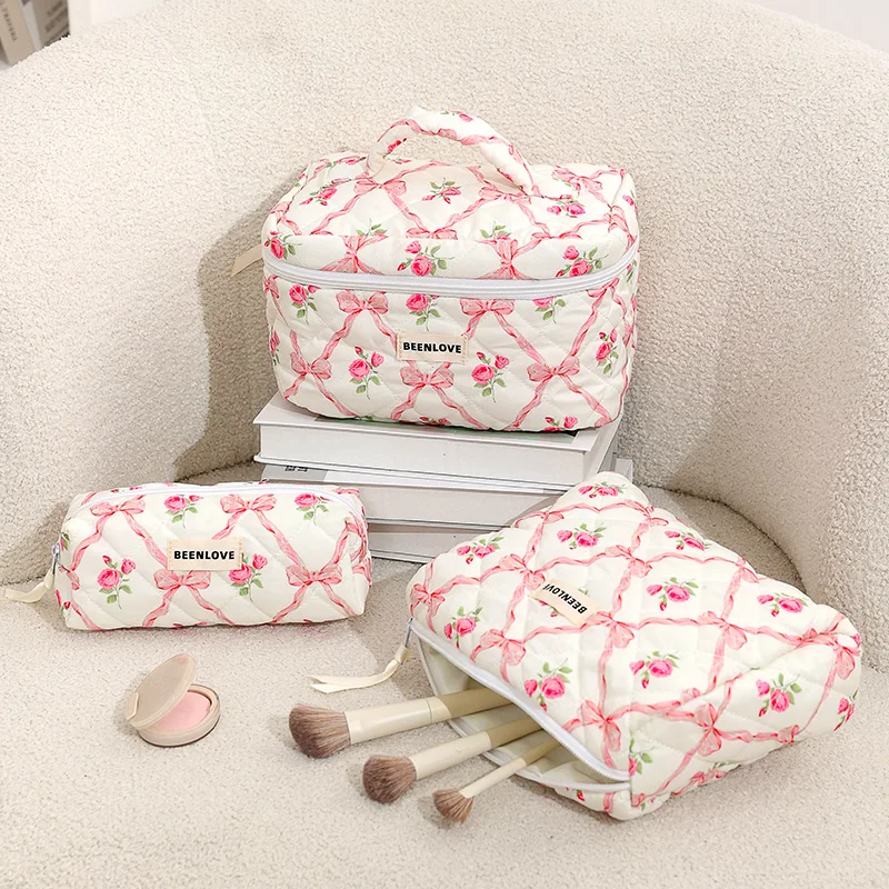 Cute Pink Quilted Travel Storage Bag Women Portable Wash Clutch Purse Handbags Zipper Cosmetics Make Case Quilting Mommy Bag