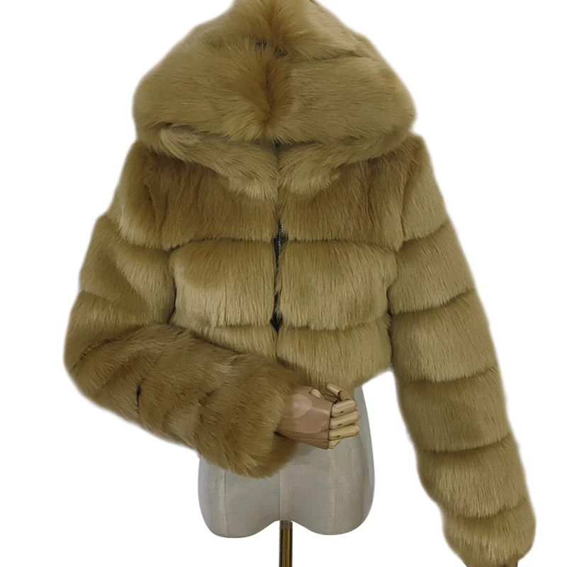 
2020 New Winter Women Faux Fox Fur Coat with Hood Fashion Short Style Fur Jacket for Lady 