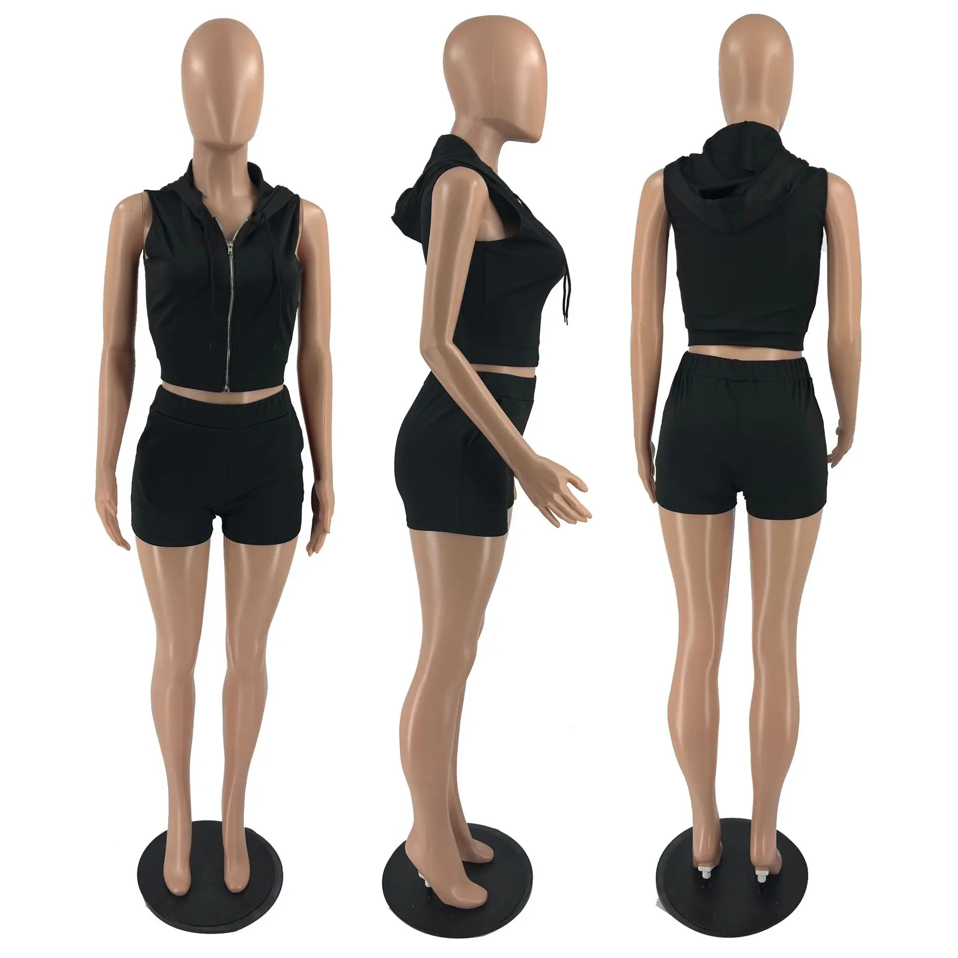 Wholesale Women Summer Clothes Solid Hooded Zipper Top High Waist Shorts Workout Sets