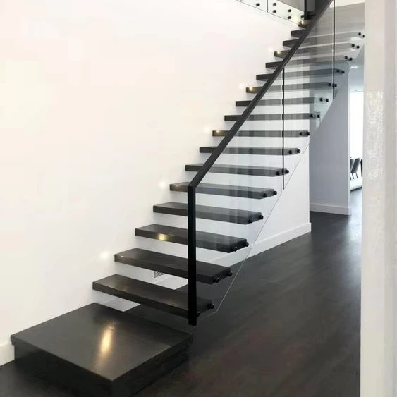 Stainless Steel beam Straight Stairs Mono Stringer Staircase Steps Streads System Interior House Solid Wooden Floating Stair